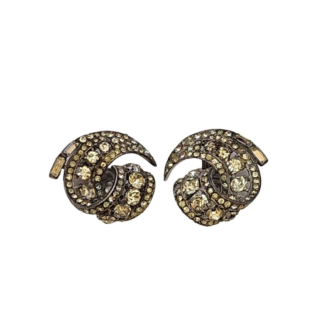 Antique 1930s Signed Trifari Rhinestone Early Clip Earrings (A3547)